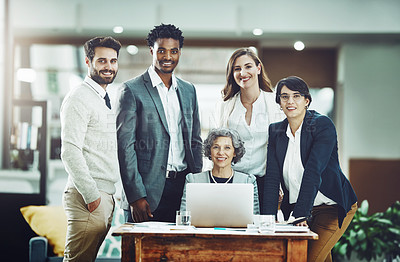 Buy stock photo Smile, diversity or portrait of business people in meeting for team strategy or planning a startup company. CEO, laptop or happy workers smiling with leadership or group support for growth in office