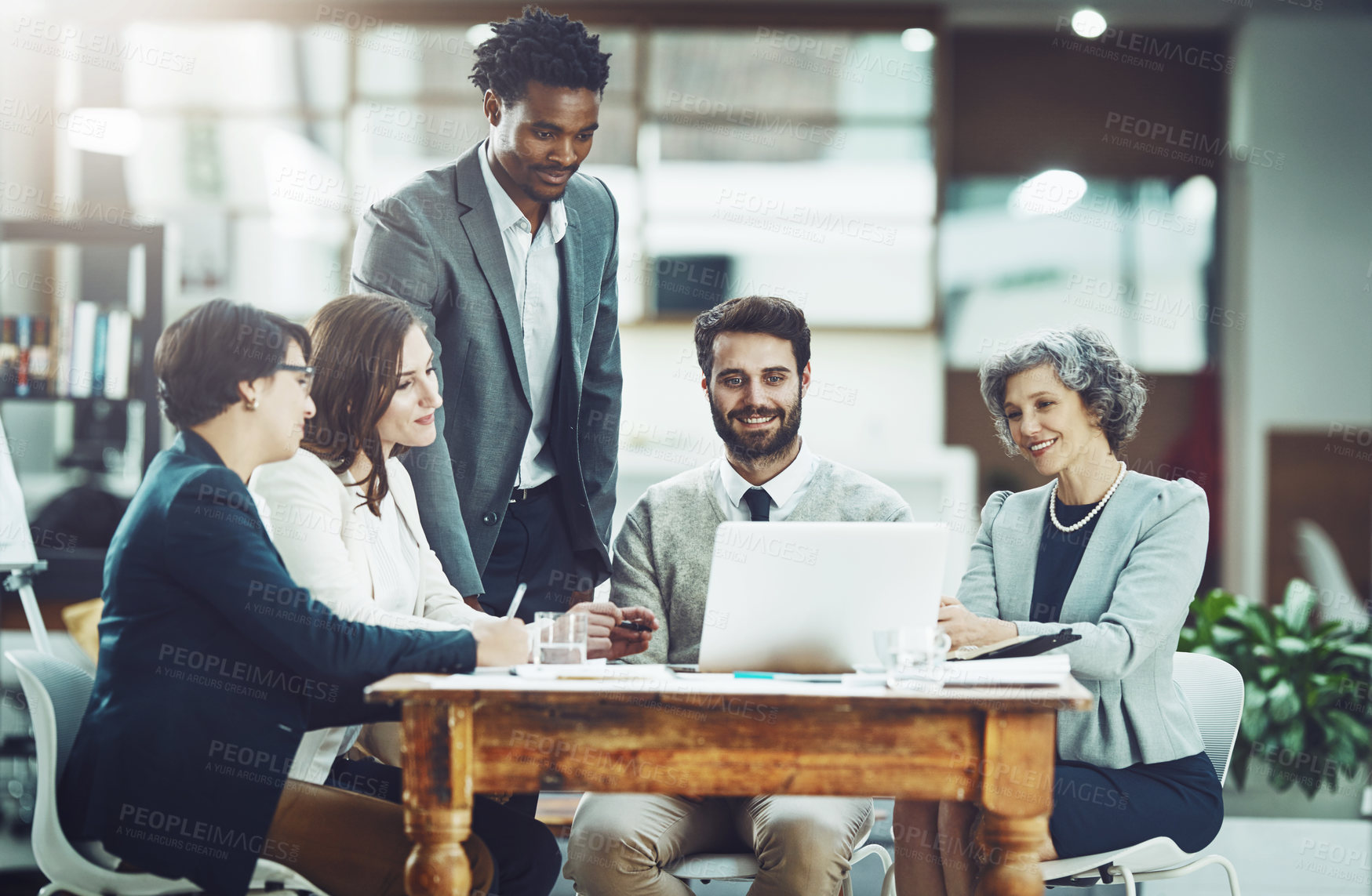 Buy stock photo Laptop, startup or business people planning in meeting for team strategy or working on project in company. CEO, discussion or employees smiling with leadership or group support for success in office 