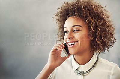 Buy stock photo Happy, business and woman on communication phone call, online discussion and negotiation with client. Creative agency, mobile app and professional employee listen, tech conversation and mockup wall