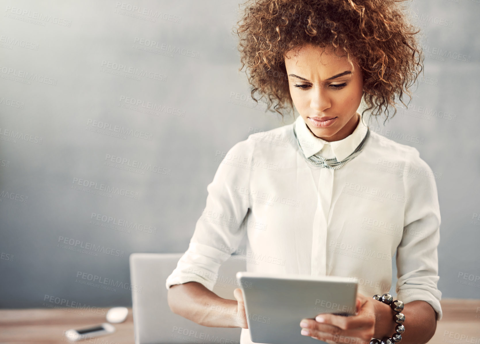 Buy stock photo Black woman, tablet and business research at workplace, career with public relations and social media management. Female person, ebook and reading company website, technology for event planning