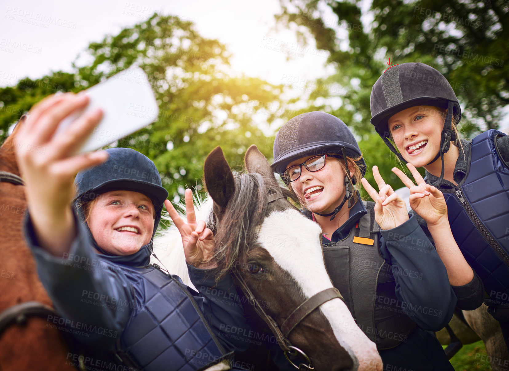 Buy stock photo Selfie, horses and equestrian group in nature for training, sports or hobby on ranch together. Happy, peace sign and girl riders with stallion, animal or mare pet for photography picture outdoor.