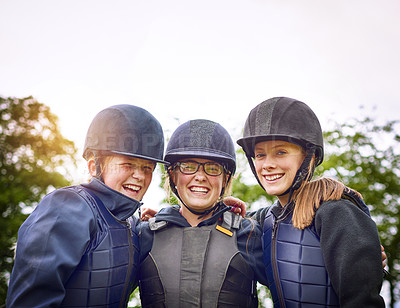 Buy stock photo Portrait of a group of young friends going horseback riding outside