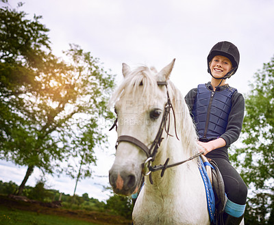 Buy stock photo Horse riding, happy woman and portrait in nature for training, competition or course outdoors. Smile, stallion or female professional on ranch for show, equestrian or hobby in countryside with animal