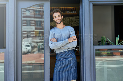Buy stock photo Smile, small business and portrait of man with arms crossed at coffee shop for service industry, welcome or working. Happy, entrepreneur and barista with apron at cafe entrance, doorway or front door