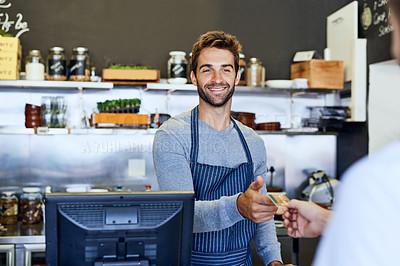 Buy stock photo Cashier, payment and customer with credit card at cafe, restaurant and hand at small business startup. Smile, service and retail purchase of barista for shopping, finance and sales of man with money