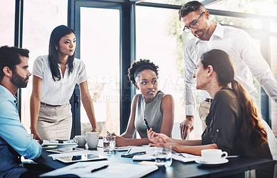 Buy stock photo Business, woman and people for meeting in office with paperwork for feedback or review of finance report. Collaboration, staff and discussion in workshop with support of mentor for ideas on project