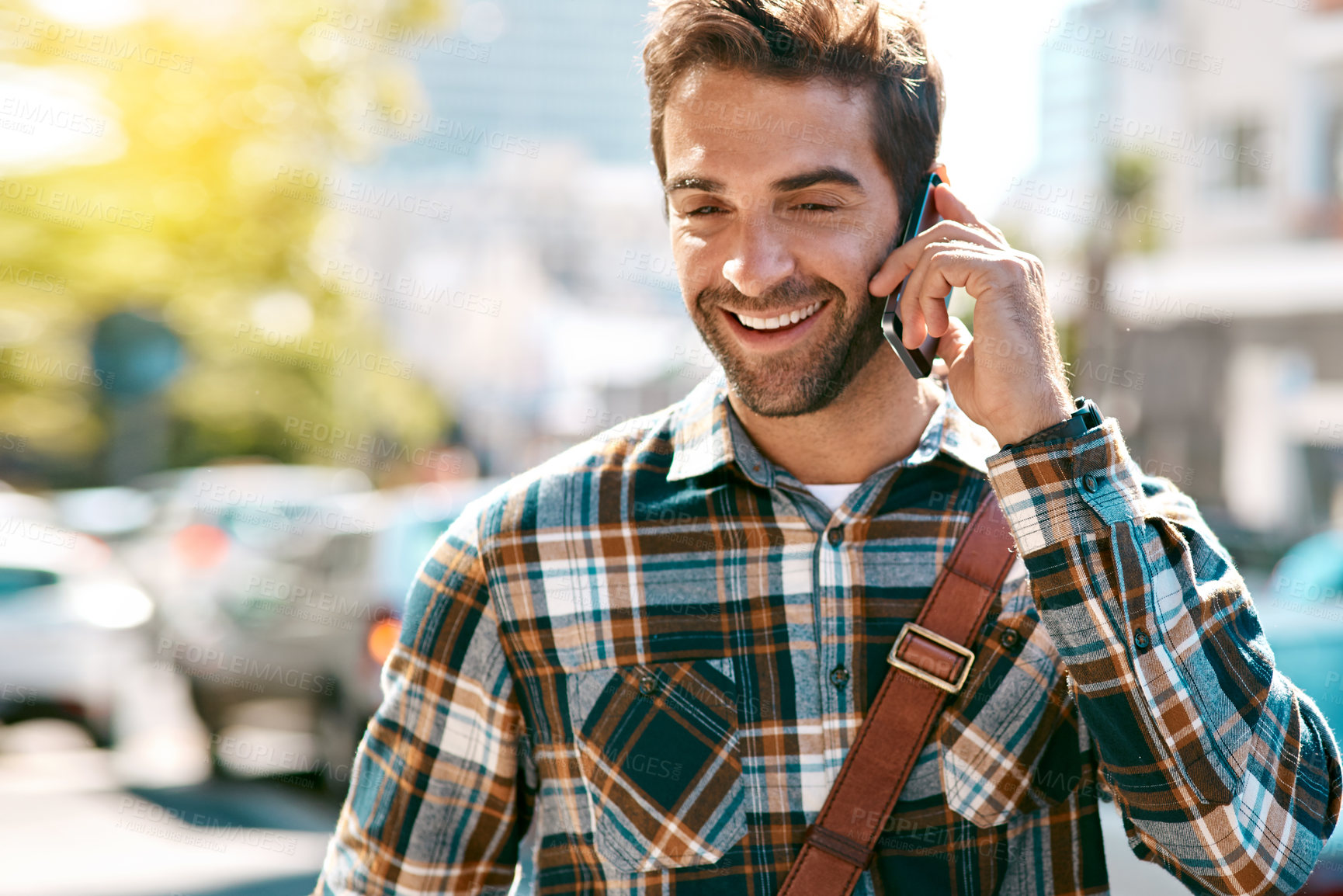 Buy stock photo Man, thinking and phone call with travel in city for work with communication, conversation and outdoor. Person, smartphone and talking for connection in New York, commute and journey to creative job.