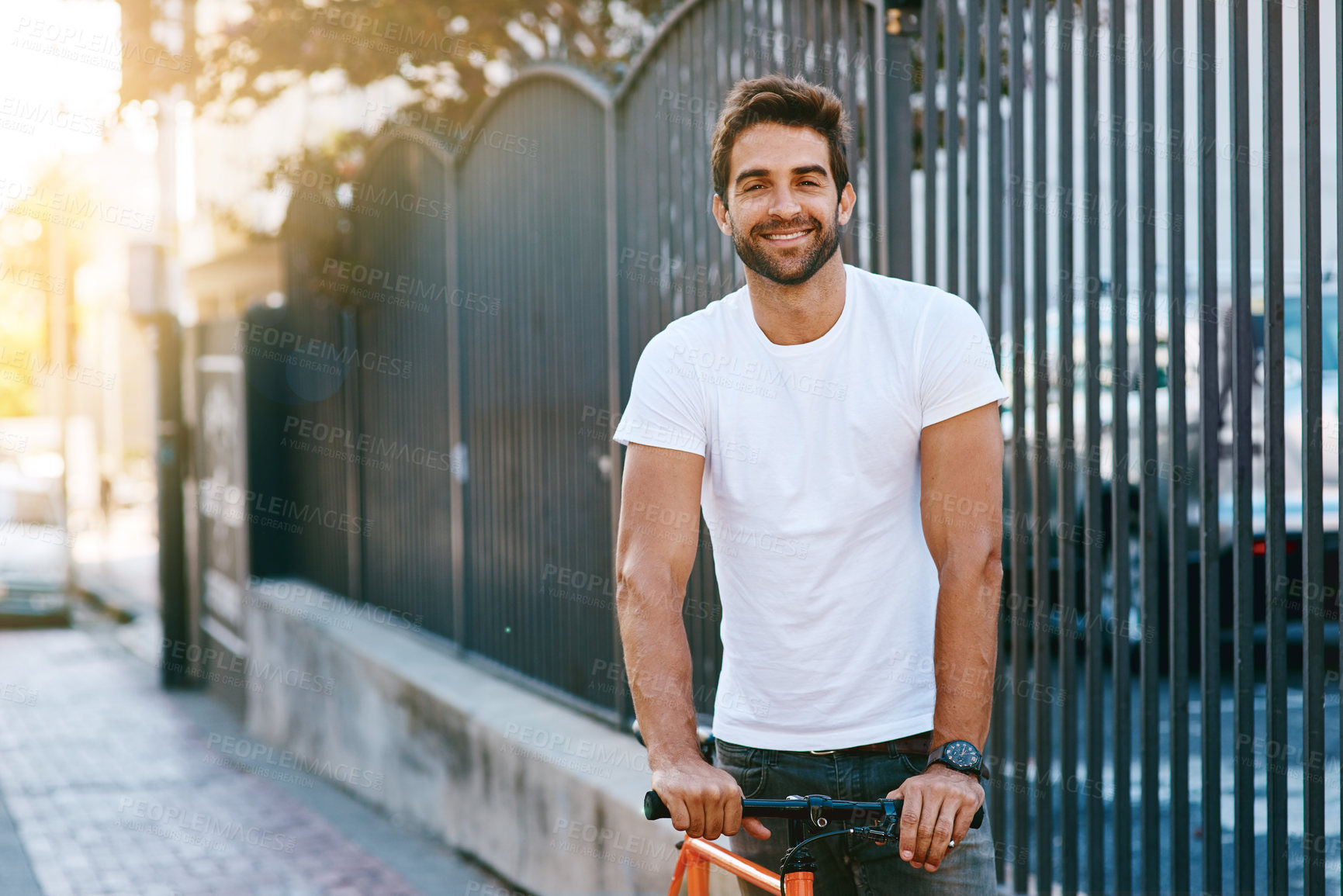 Buy stock photo Travel, fashion and portrait of man with bicycle in city for sightseeing on vacation, holiday or adventure. Smile, walking and male person with bike in town street on weekend trip in Netherlands.