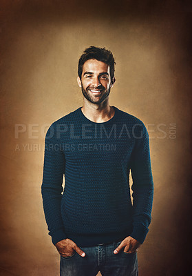 Buy stock photo Portrait, smile and man in studio, fashion and warm in winter, confidence and sweater for aesthetic. Proud, person and background of wall, model and cool with trend, stylish and jersey for clothes