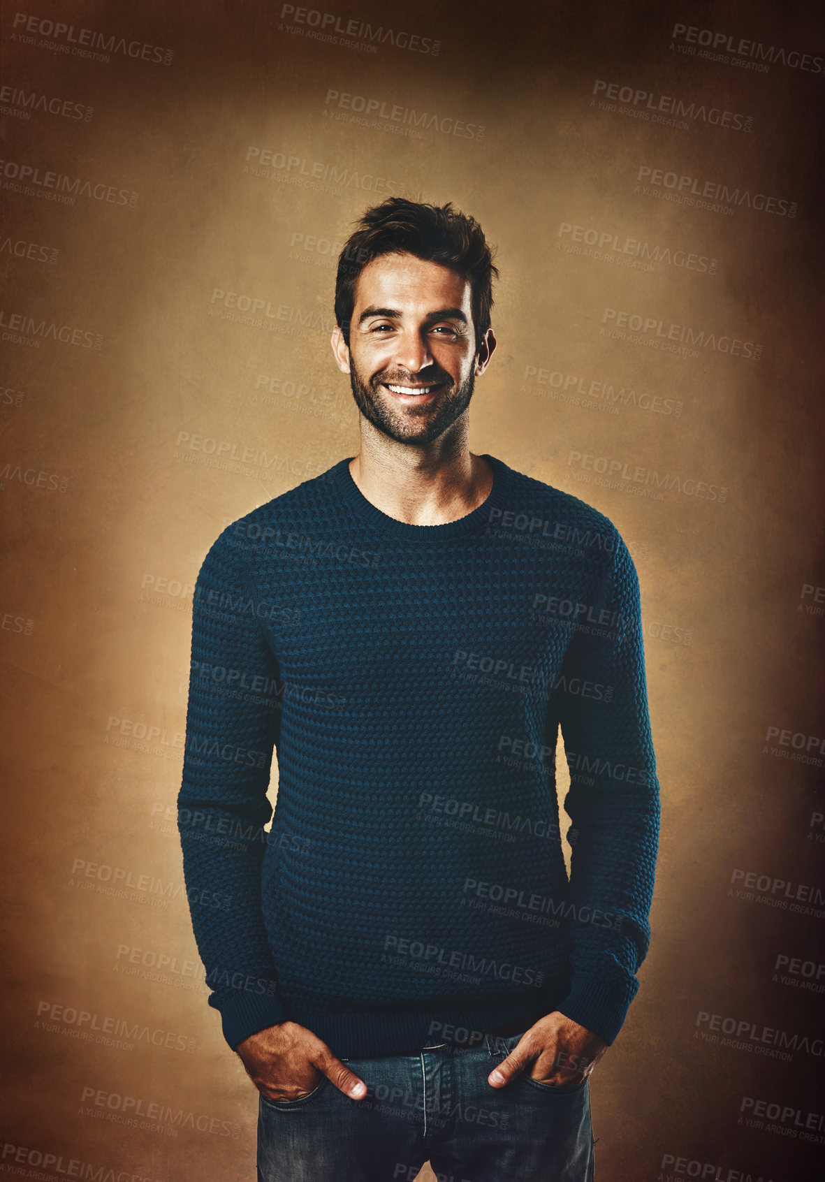 Buy stock photo Portrait, smile and man in studio, fashion and warm in winter, confidence and sweater for aesthetic. Proud, person and background of wall, model and cool with trend, stylish and jersey for clothes