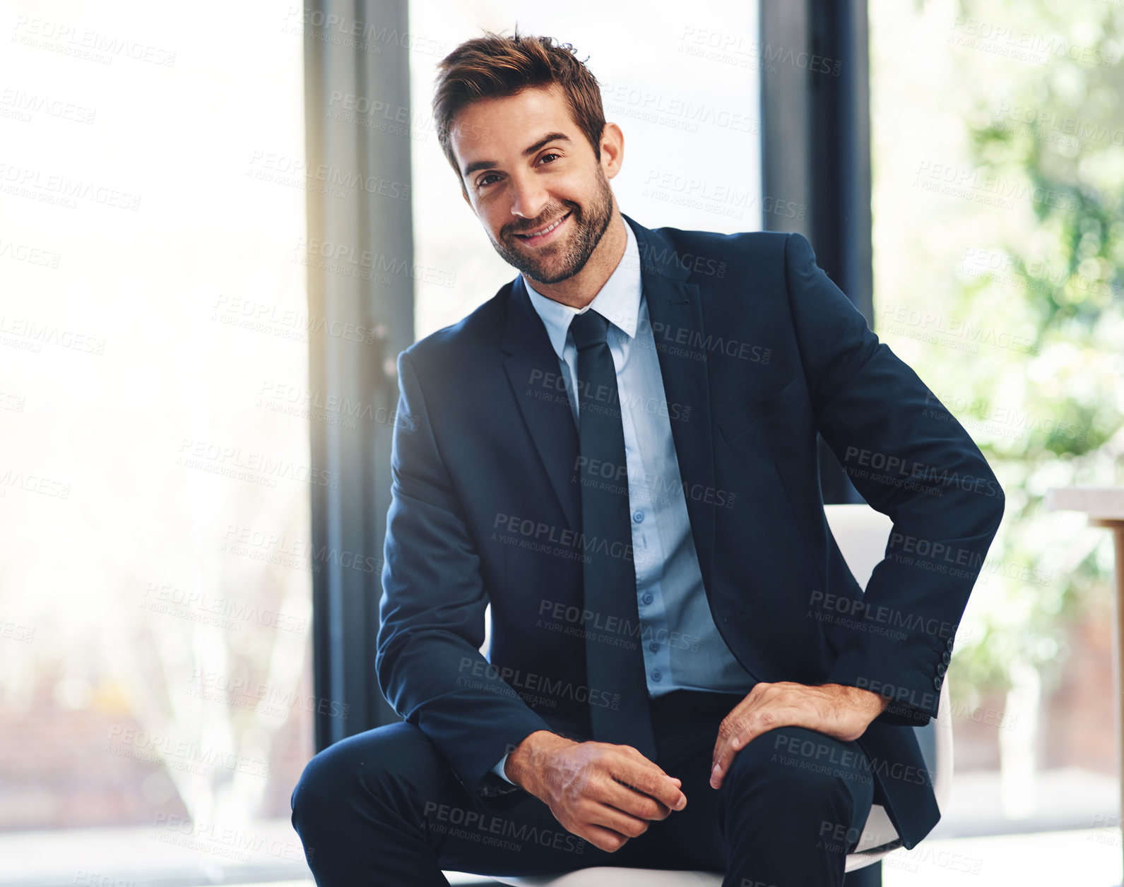 Buy stock photo Businessman, smile and portrait in office as property agent in confident, rental and sales. Male person, pride and real estate for viewing, corporate and career in business suit for workplace or job
