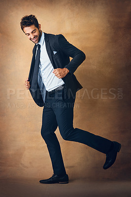 Buy stock photo Happy, businessman and fashion with running or hurry for  goals, ambition and mission to promotion. Male entrepreneur or worker and rush for chasing job opportunity or reaching company target