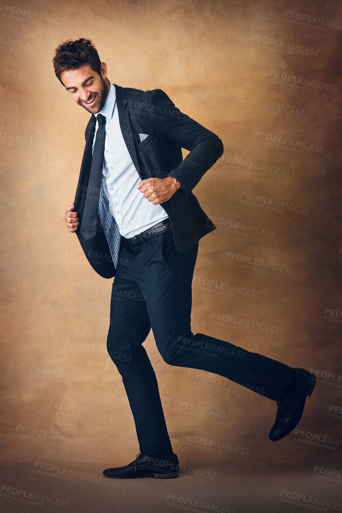 Buy stock photo Happy, businessman and fashion with running or hurry for  goals, ambition and mission to promotion. Male entrepreneur or worker and rush for chasing job opportunity or reaching company target