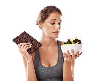 Buy stock photo Woman, chocolate and salad with decision for diet, weight loss and balance with snack comparison on white background. Nutrition, vegetables and candy with unhealthy versus healthy food for benefits