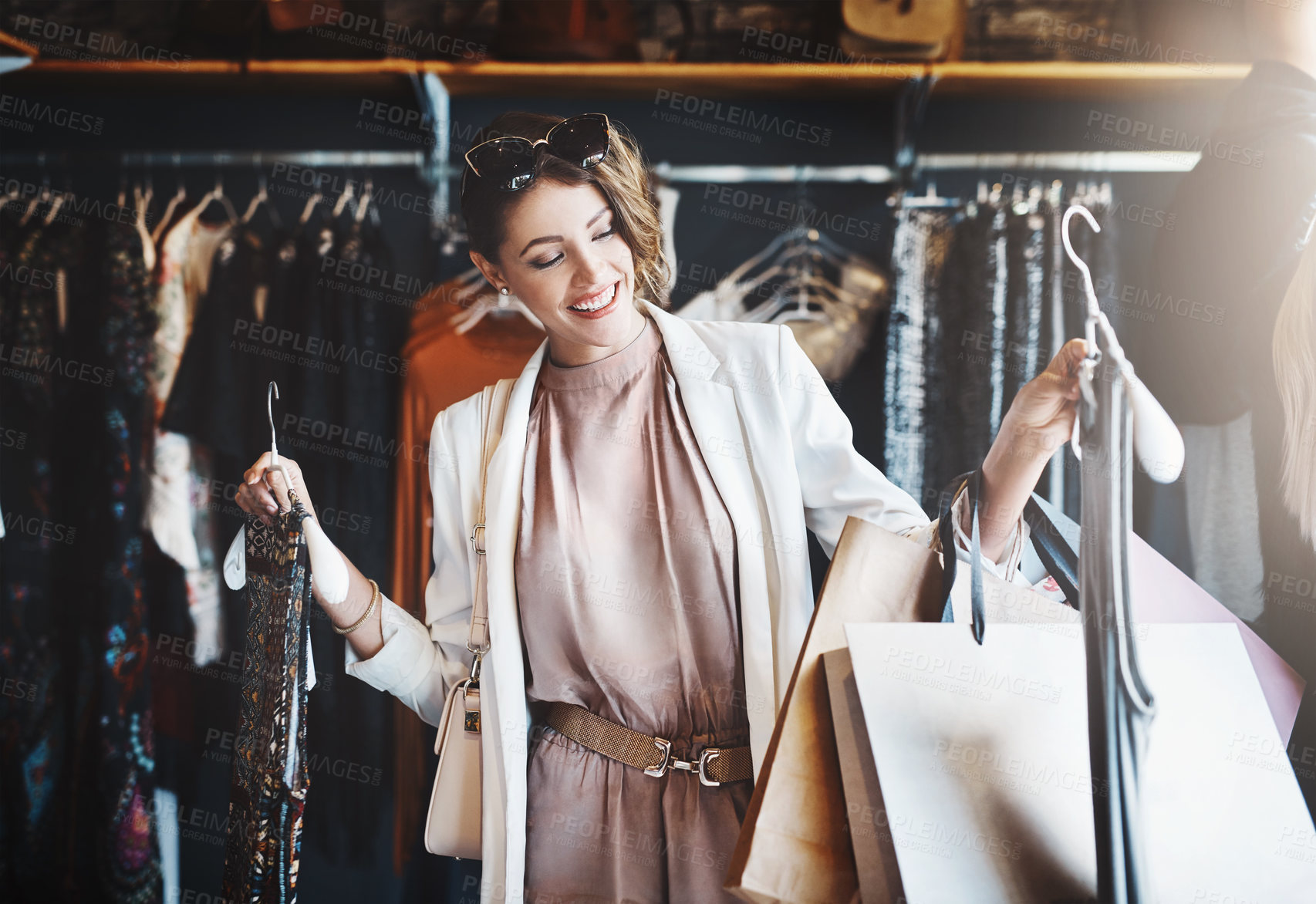 Buy stock photo Stylist, rich or happy woman shopping in boutique store looking at clothes or choosing her favorite style. Choice, decision or female designer with trendy apparel picking an outfit or classy fashion