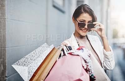 Buy stock photo Portrait, shopping bag or happy woman in city walking on urban street for boutique retail sale or clothes. Sunglasses, smile or fashionable rich girl customer on road smiling with luxury products 