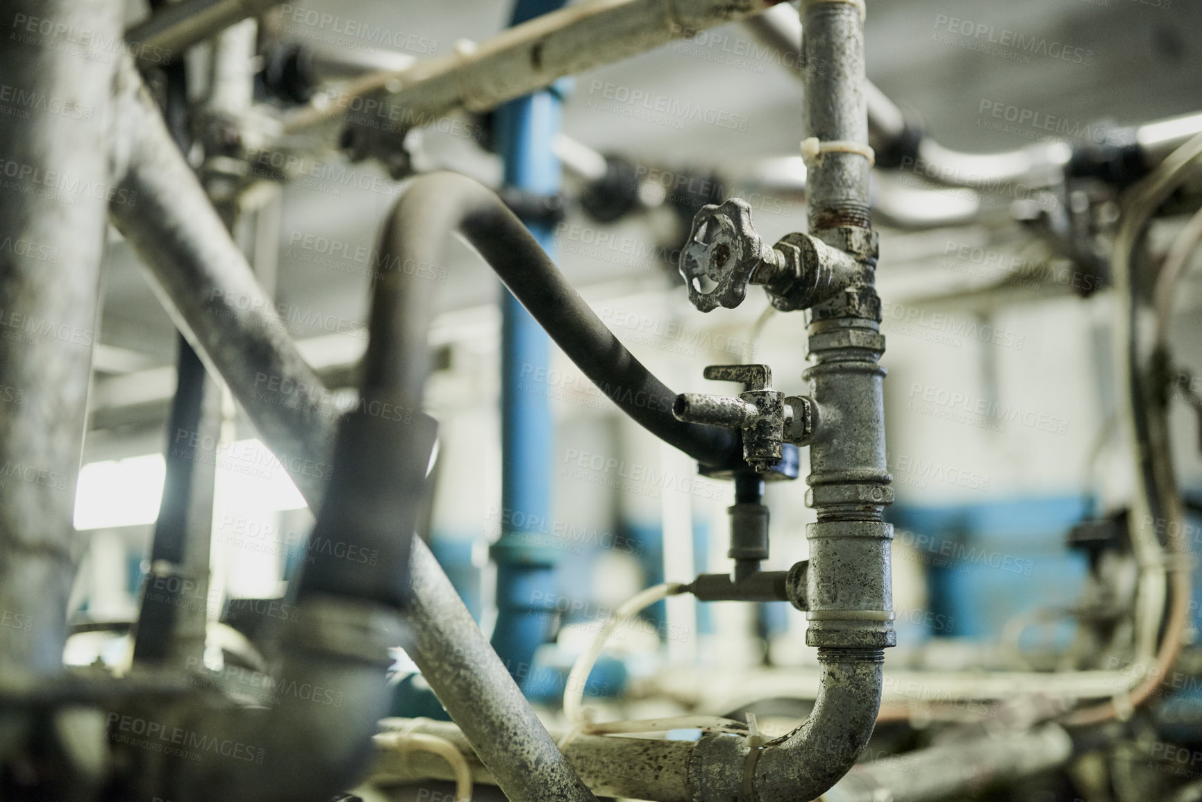 Buy stock photo Closeup shot of milk processing equipment