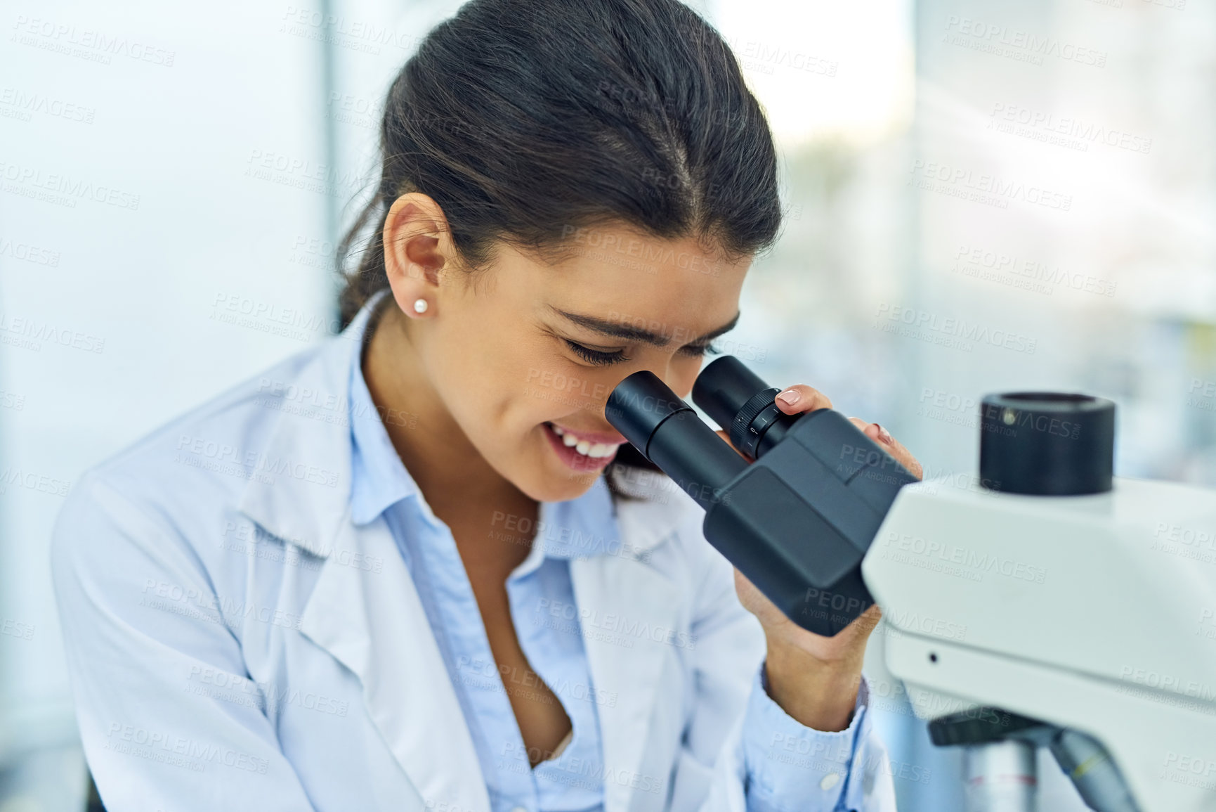 Buy stock photo Research, woman and scientist smile with microscope in laboratory for medical study. Investigation, science and female doctor with DNA sample for future analysis, particle test or lab experiment.