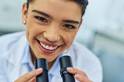 Buy stock photo Woman, face and scientist smile with microscope in lab for medical research. Science, portrait and happy female doctor with equipment lens for experiment analysis, particle test and investigation.
