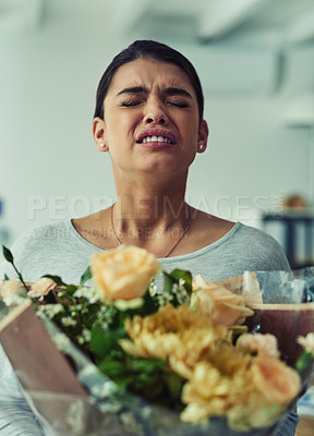 Buy stock photo Office, woman or sneeze with allergies, flowers or nasal congestion with pollen or bouquet. Sick female person, hay fever or rhinitis with virus infection, sinusitis or scent of plants at workplace