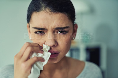 Buy stock photo Sick, portrait and woman blowing nose with tissue in office for flu, cold or covid virus. Medical, sneeze and face of tired female person with toilet paper for allergies or illness in workplace.