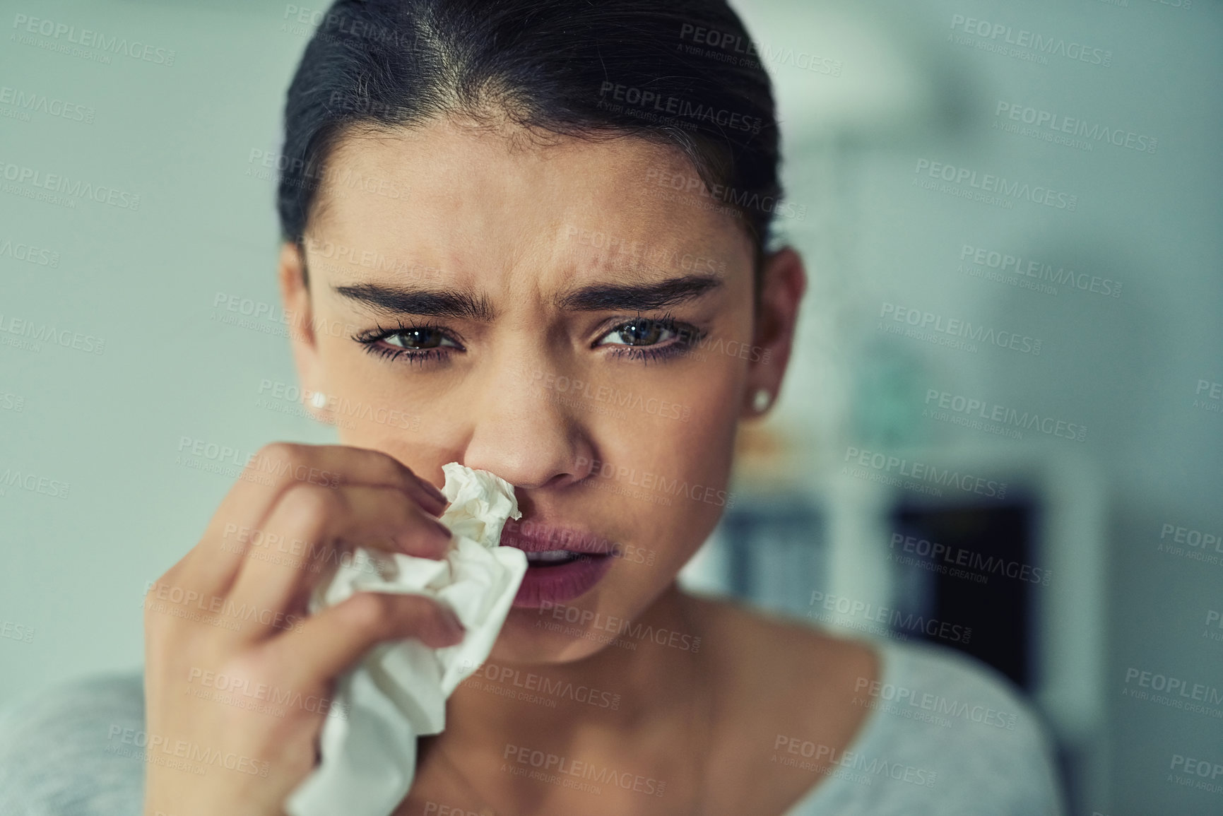 Buy stock photo Sick, portrait and woman blowing nose with tissue in office for flu, cold or covid virus. Medical, sneeze and face of tired female person with toilet paper for allergies or illness in workplace.