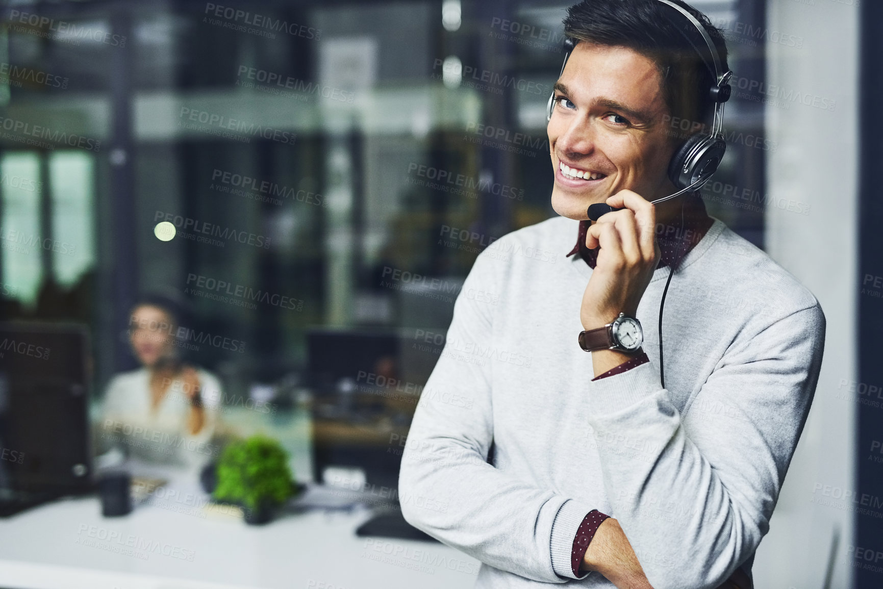 Buy stock photo Call center, man and portrait with microphone for customer support with communication and FAQ service. Telemarketing, agent and telecom advisory with headphones, contact us and mockup space at night