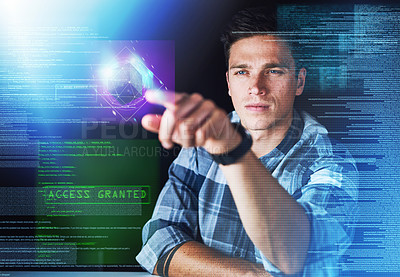Buy stock photo Cropped shot of a handsome young male programmer at work