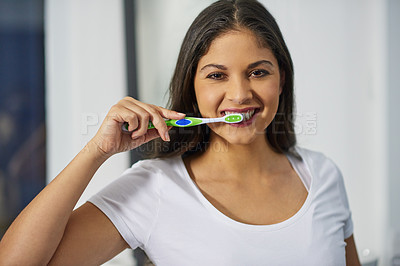 Buy stock photo Portrait, smile and woman with toothbrush, bathroom and cleaning of mouth, hygiene and oral health. House, grooming and person with toothpaste for teeth, happy and wellness in morning and routine