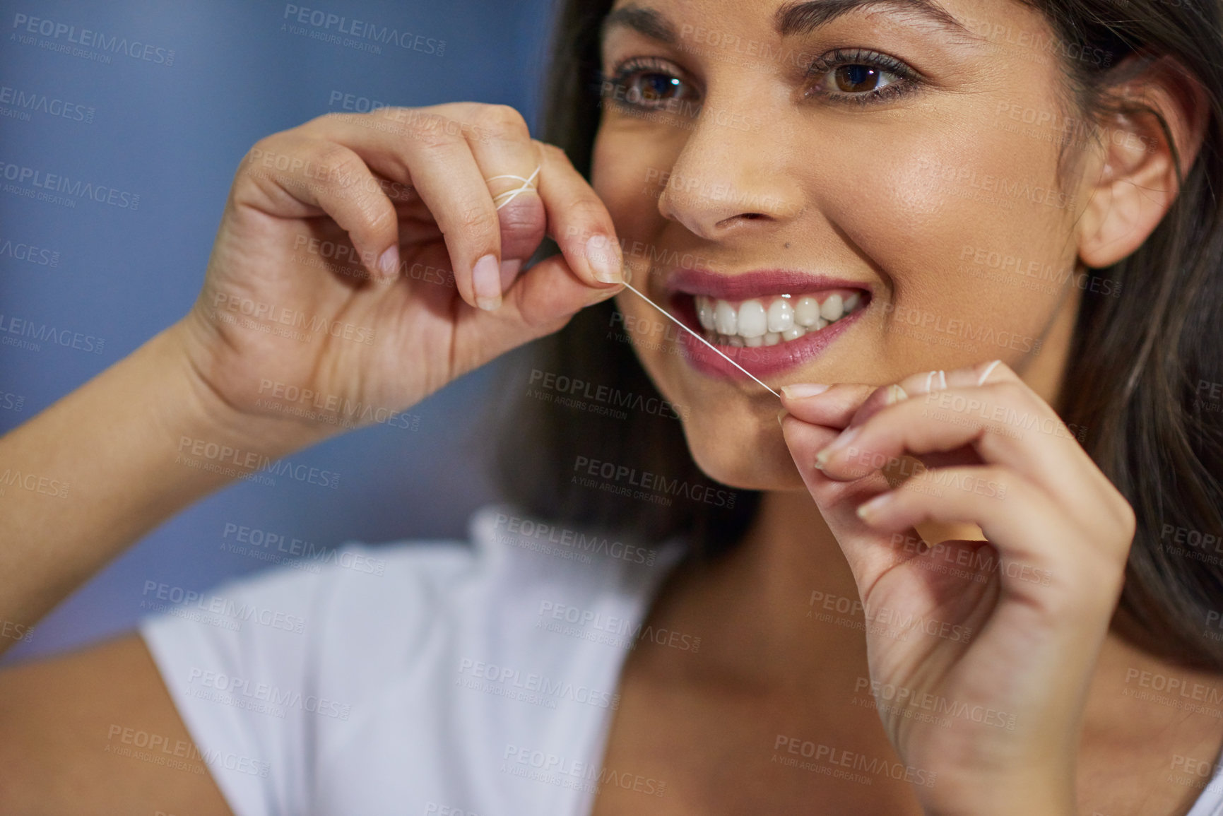 Buy stock photo Bathroom, floss and woman with dental hygiene, smile and happiness with grooming routine. Person, house and girl with string, cleaning teeth and remove plaque with oral health, wellness and care