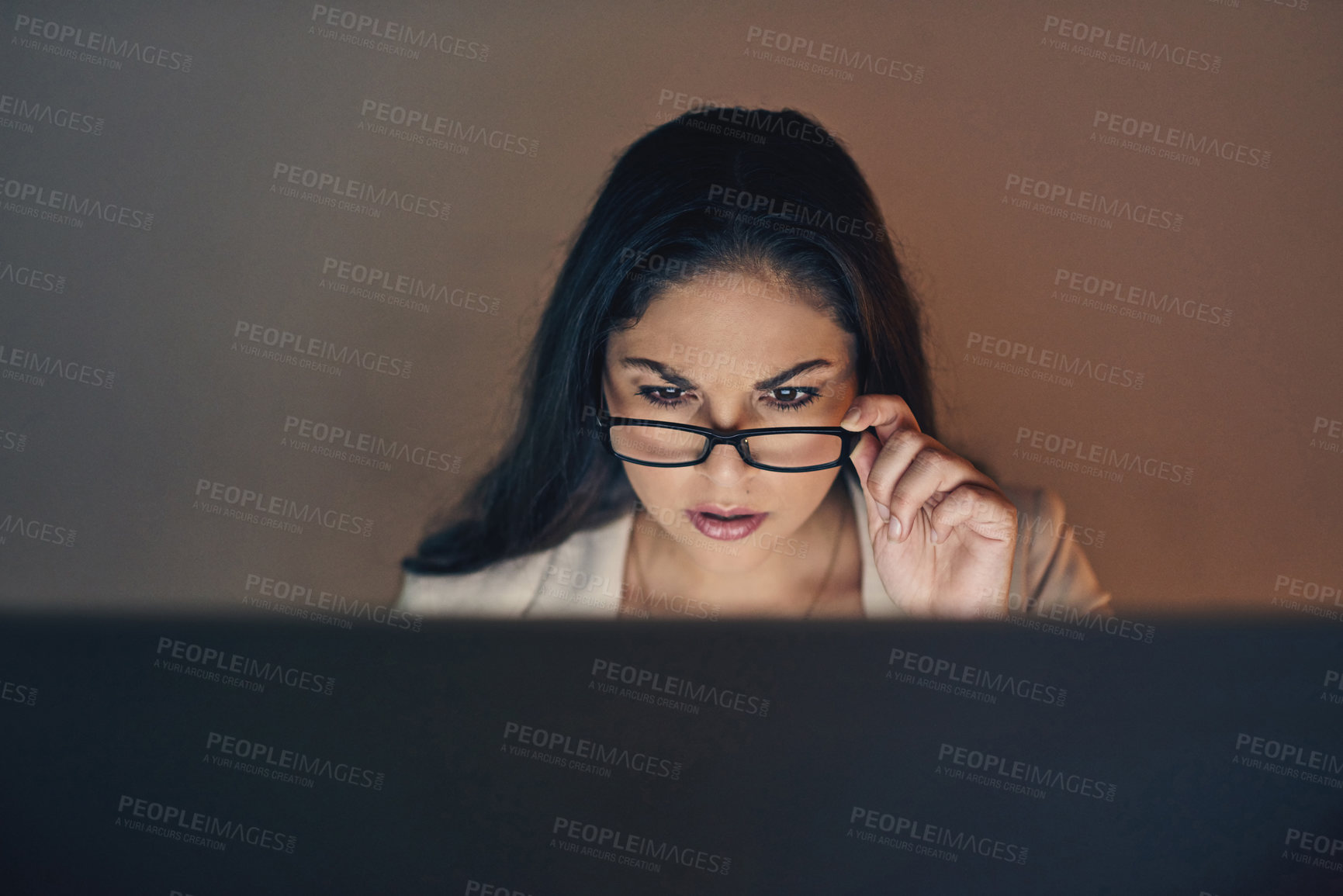 Buy stock photo Glasses, reading and business woman on computer with stress, glitch or confused at news at night. Concentration, desktop and person on deadline in startup for article error or creative mistake online