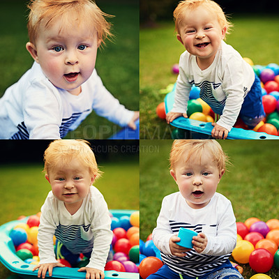 Buy stock photo Shot of an adorable little boy playing in the backyard