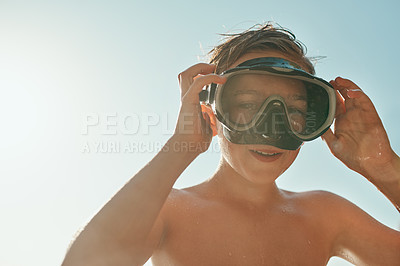 Buy stock photo Mask, portrait and scuba diving with boy on beach in summer for holiday, travel or vacation. Children, development and face of happy kid outdoor on blue sky for adventure, explore or journey