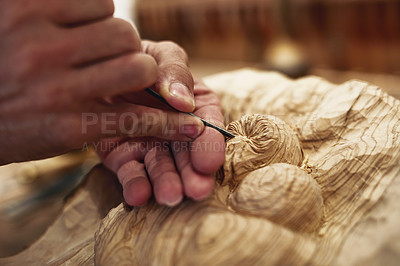 Buy stock photo Wood, sculpture and hand with tools in workshop for art, woodworking and design. Process, carpentry and project with artisan person for museum gallery, decoration and woodcarver craftsmanship