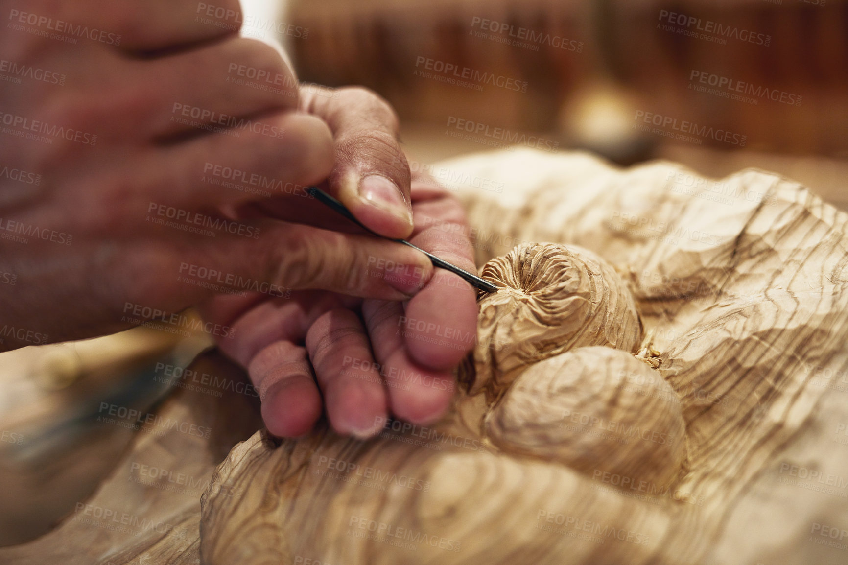 Buy stock photo Wood, sculpture and hand with tools in workshop for art, woodworking and design. Process, carpentry and project with artisan person for museum gallery, decoration and woodcarver craftsmanship