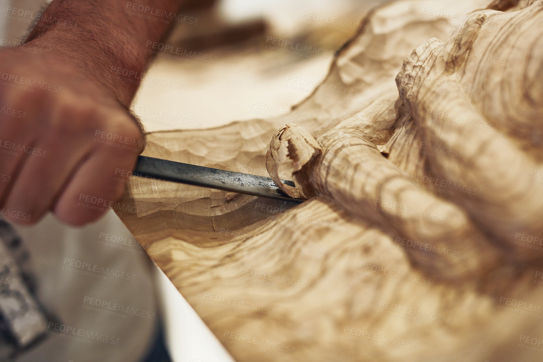 Buy stock photo Wood, sculpture and hand with art in workshop for tools, woodworking and design. Process, carpentry and project with artisan person for museum gallery, decoration and woodcarver craftsmanship