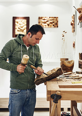 Buy stock photo Wood, sculpture and man with chisel in workshop for art, woodworking and designer. Process, carpentry and project with artisan woodcarver for museum gallery, decoration and sculptor craftsmanship