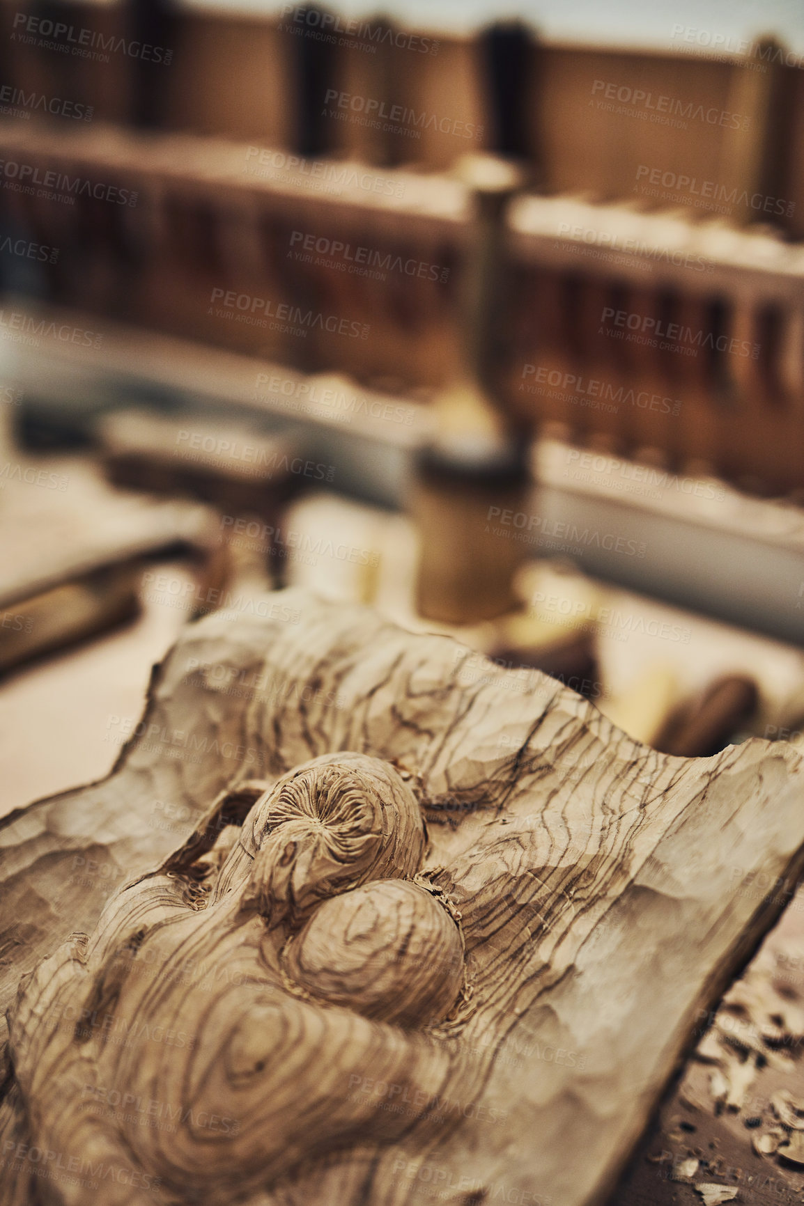 Buy stock photo Wood, sculpture and design with art in workshop for handicraft, woodworking and creative. Process, carpentry and project with artisan craft for museum gallery, decoration and woodcarver craftsmanship