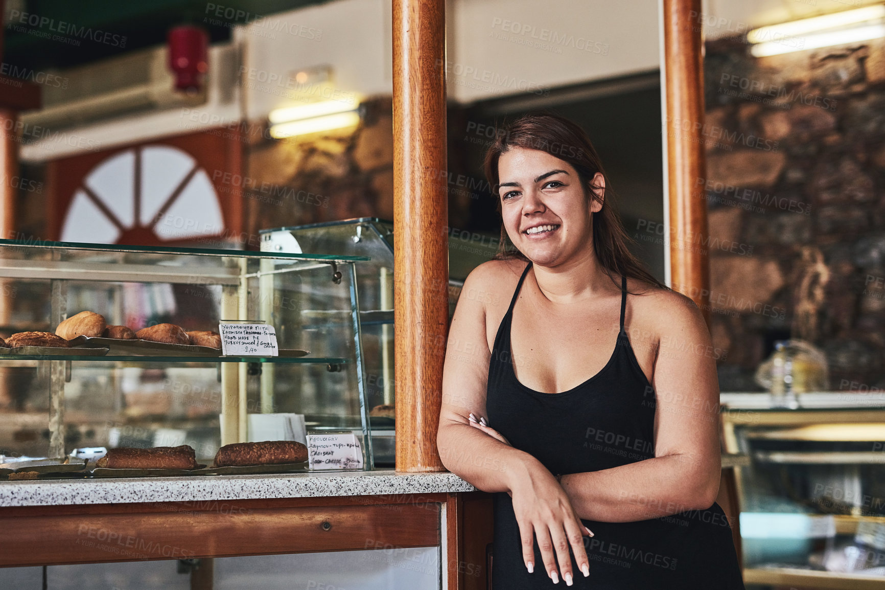 Buy stock photo Bakery, smile and portrait of woman in store for small business, entrepreneur and restaurant. Coffee shop manager, barista and waitress with person in cafe for food service, server and hospitality