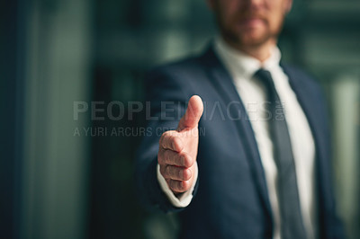 Buy stock photo Handshake, hiring and contact with a business man offering his hand in greeting, to welcome during a meeting. We are hiring, so contact us and apply for promotion, opportunity and partnership today