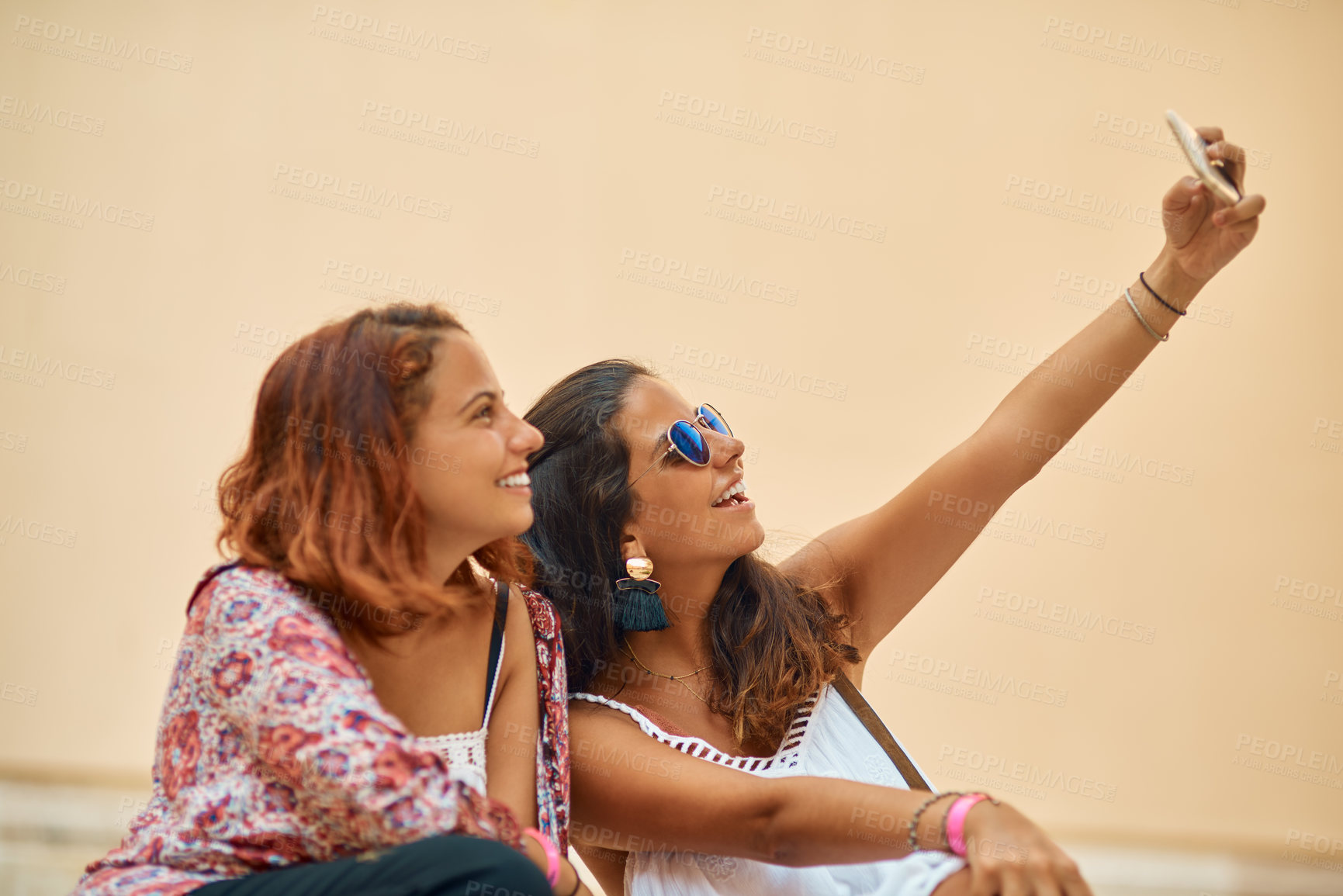 Buy stock photo Travel, holiday and girl friends in selfie on sidewalk for happy memory, sisters bonding and social media post. Smile, digital photography and vacation with women on international adventure together.