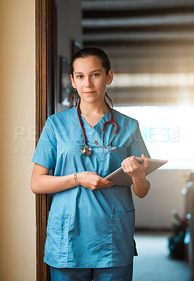 Buy stock photo Portrait, nurse and woman with tablet in hospital for research, telehealth and healthcare. Confidence, medical surgeon and professional doctor on digital tech for service, report or medicine in Italy