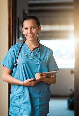 Buy stock photo Portrait, nurse and happy woman with tablet in home for research, telehealth and healthcare in house. Face, medical caregiver and doctor on digital tech for service, nursing and medicine in Italy