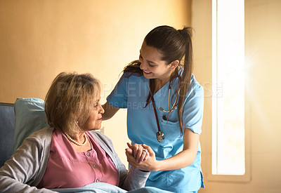 Buy stock photo Senior woman, caregiver and support in bed at nursing home for medical or healthcare with love. Elderly person, nurse and help at retirement facility for empathy, wellness and care with kindness