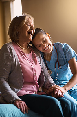 Buy stock photo Nurse, old woman and holding hands for support, funny and compassion with humor, wellness and joy. Caregiver, pensioner and patient with consultation, home or laugh with joke and healthcare advice