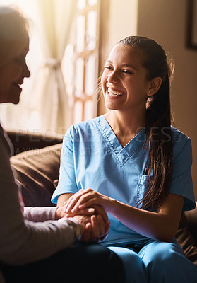Buy stock photo Nurse, senior woman and holding hands with kindness, comfort and compassion with trust. Caregiver, pensioner and patient with consultation, home or sympathy with wellness, smile or healthcare advice