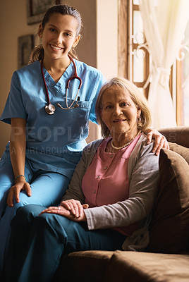 Buy stock photo Shot of a female nurse and a senior woman in a retirement home
