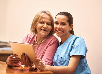 Buy stock photo Healthcare, portrait and tablet of nurse with old woman in assisted living home for diagnosis or results. Medical, smile or tech with caregiver and senior patient in clinic together for consulting