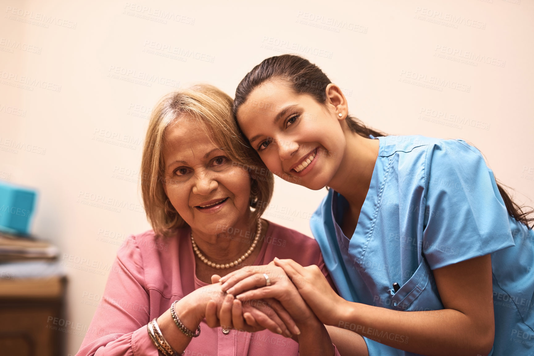 Buy stock photo Trust, holding hands and portrait with nurse and old woman for caregiver, occupational therapy and patient. Helping others, volunteer and healthcare with people in retirement home for medicine