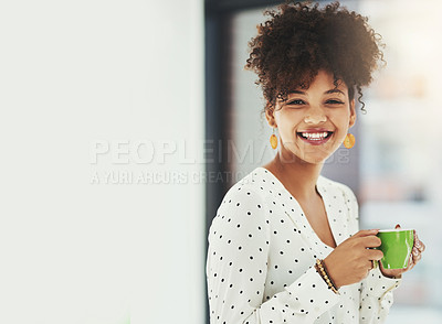 Buy stock photo Tea cup, portrait and business woman in office with smile, working and productivity for professional career. Mockup, ideas and coffee with designer for drinking, caffeine and boost energy for job